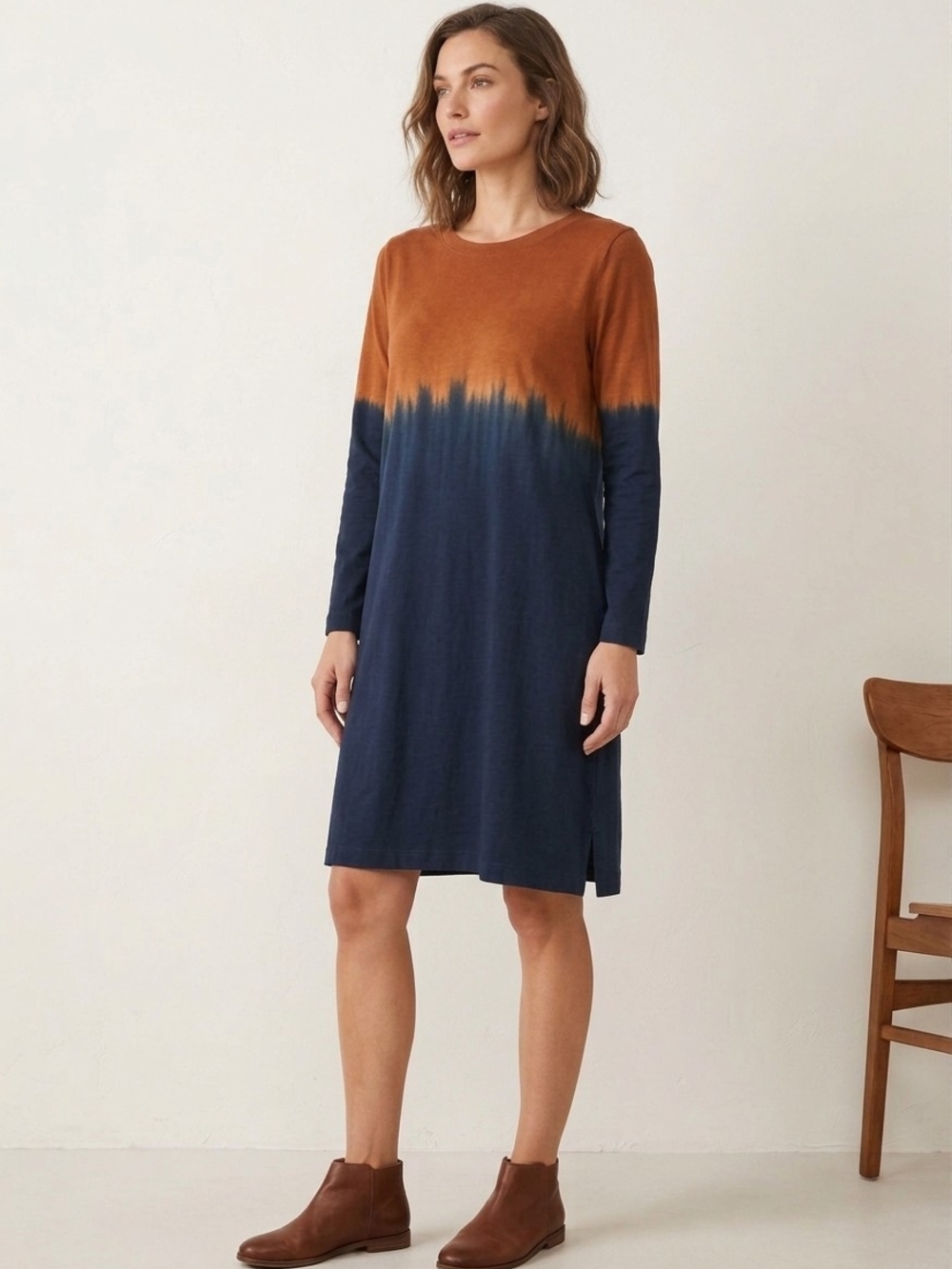 Pure Jill Organic Cotton Ombre Sunset A-Line Tshirt Dress Sz S Terracotta Blue